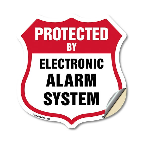Security Alarm Shield Sign Protected By Electronic Alarm System 12 inch X 12 inch Shield Shaped Heavy Duty 3.2 mil Vinyl Decal Weather Resistant, UV Protected Made in the USA
