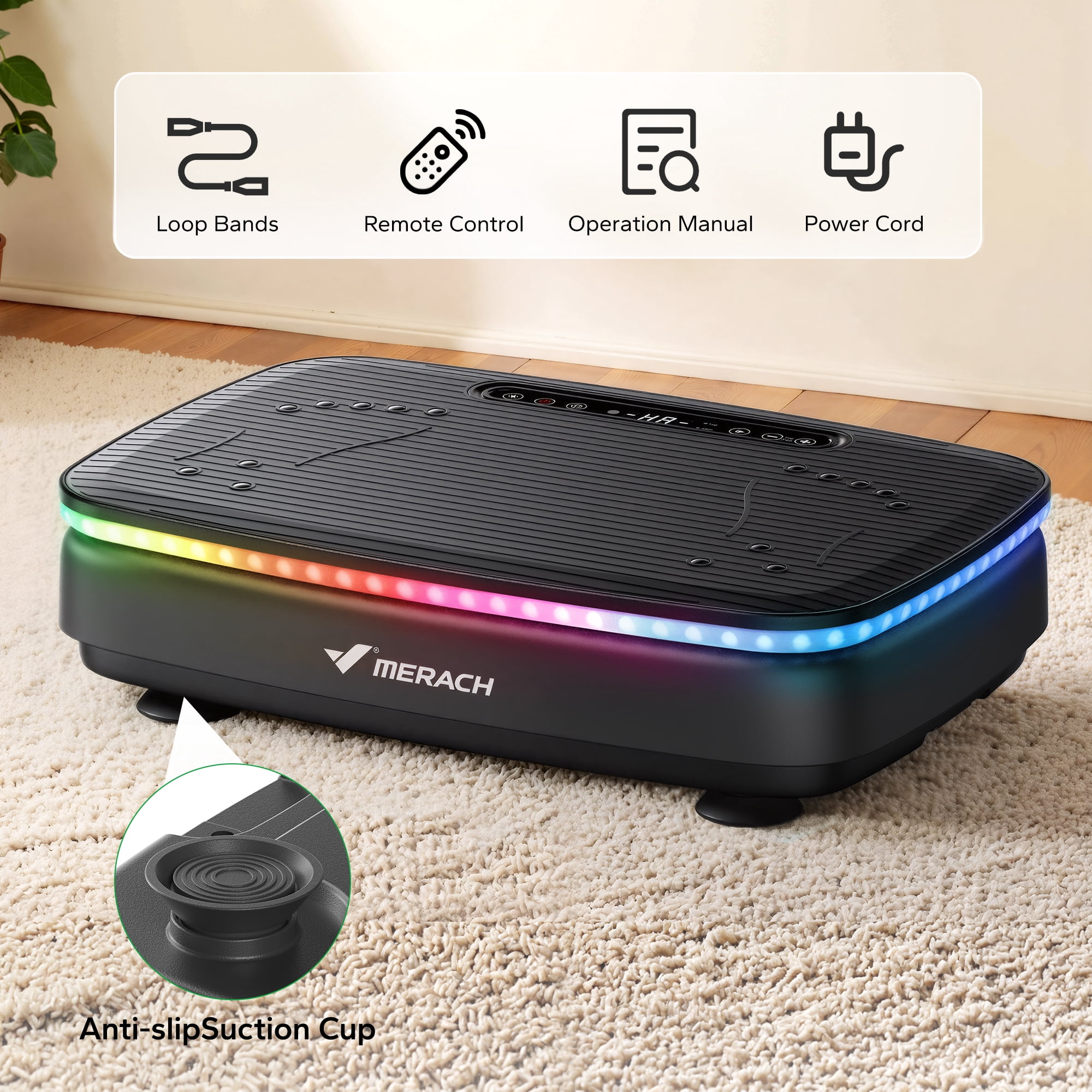 MERACH LED Light Vibration Plate Exercise Machine, Vibrating Muscle Toner, Bluetooth Speaker Whole Body Workout Fitness Platform with Resistance Bands, 330lbs Capacity