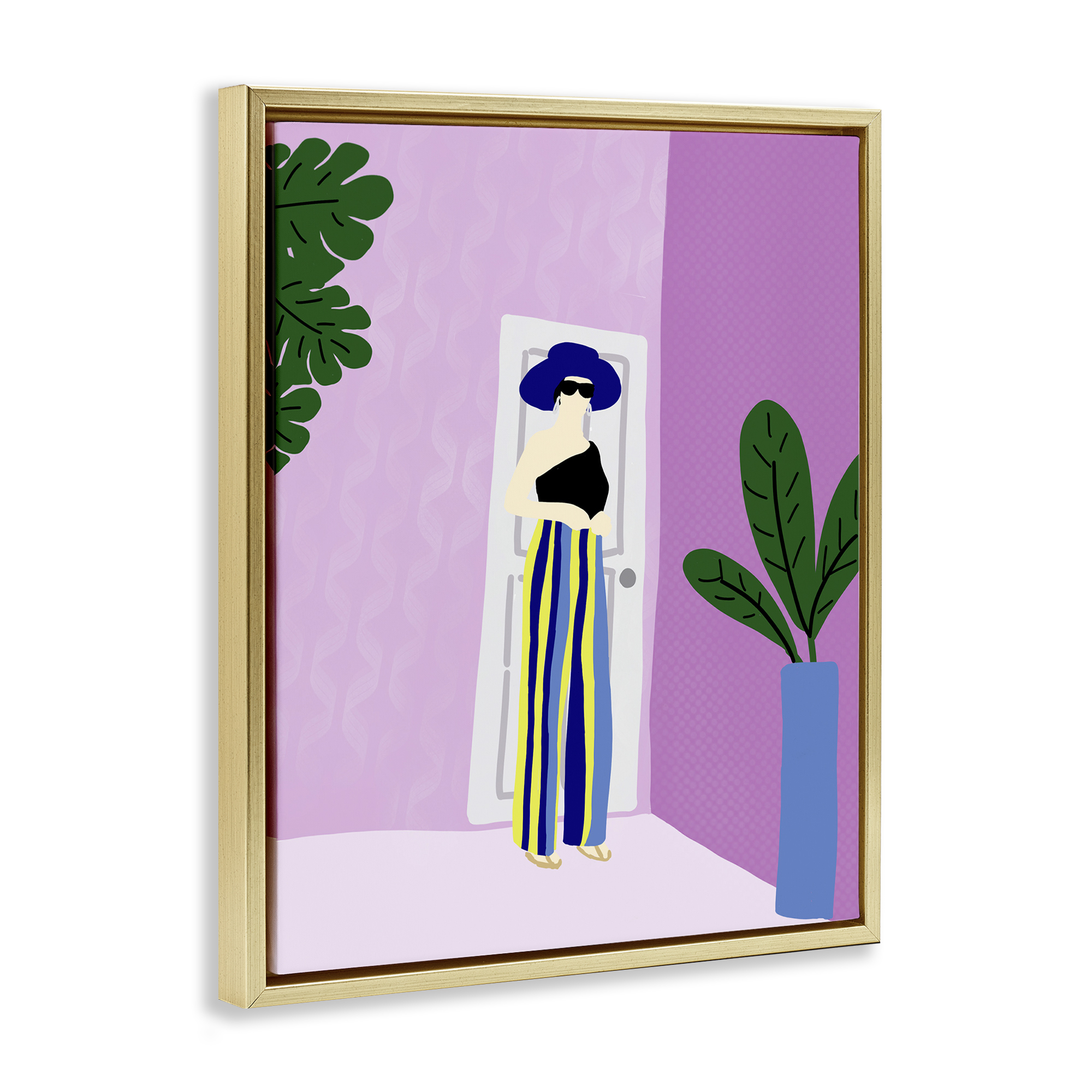 Stupell Industries Trendy Girl on Purple Novelty Painting Gold Floater Framed Art Print Wall Art, 25 x 31
