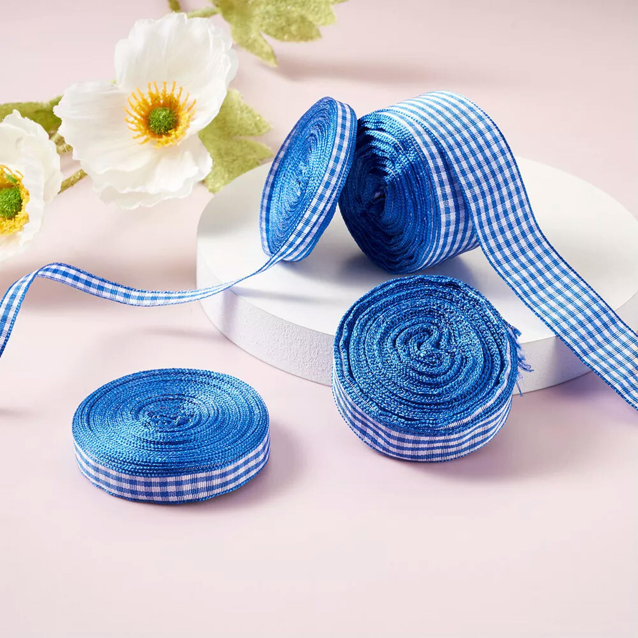 U8MO 4 Rolls Blue Tartan Polyester Ribbon 3/8" 5/8" 1/4" 1" Gingham Checked Ribbon