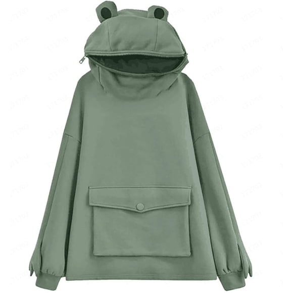 Women's/Girl's Cute Frog Hoodie Pullover Zipper Mouth Hooded Sweatshirt with Large Front Pocket