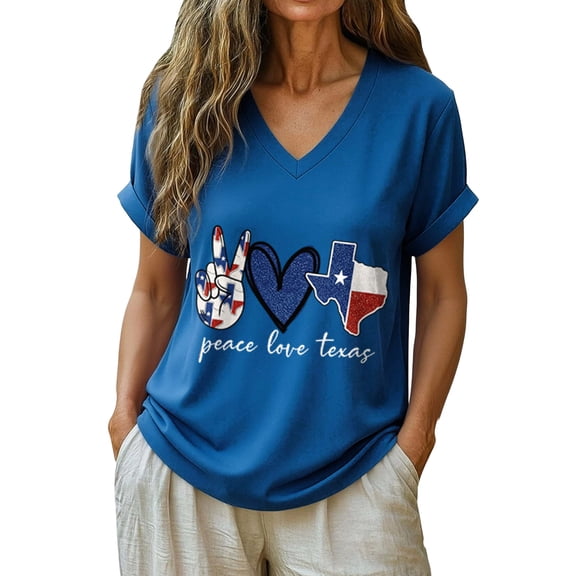 Tnhcen Women's Peace Love Texas 4th of July V-Neck T-Shirt, Patriotic Graphic Print Short Sleeve Loose Fit Blouse, Holiday Party Casual Top, Sizes S-5XL