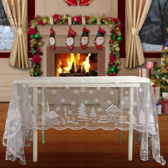Gustave Christmas Rectangular Tablecloth Tree Snowflake Pattern Lace Table Covers Wedding Events Party Holiday Dining Decorations -60 x 102 inch