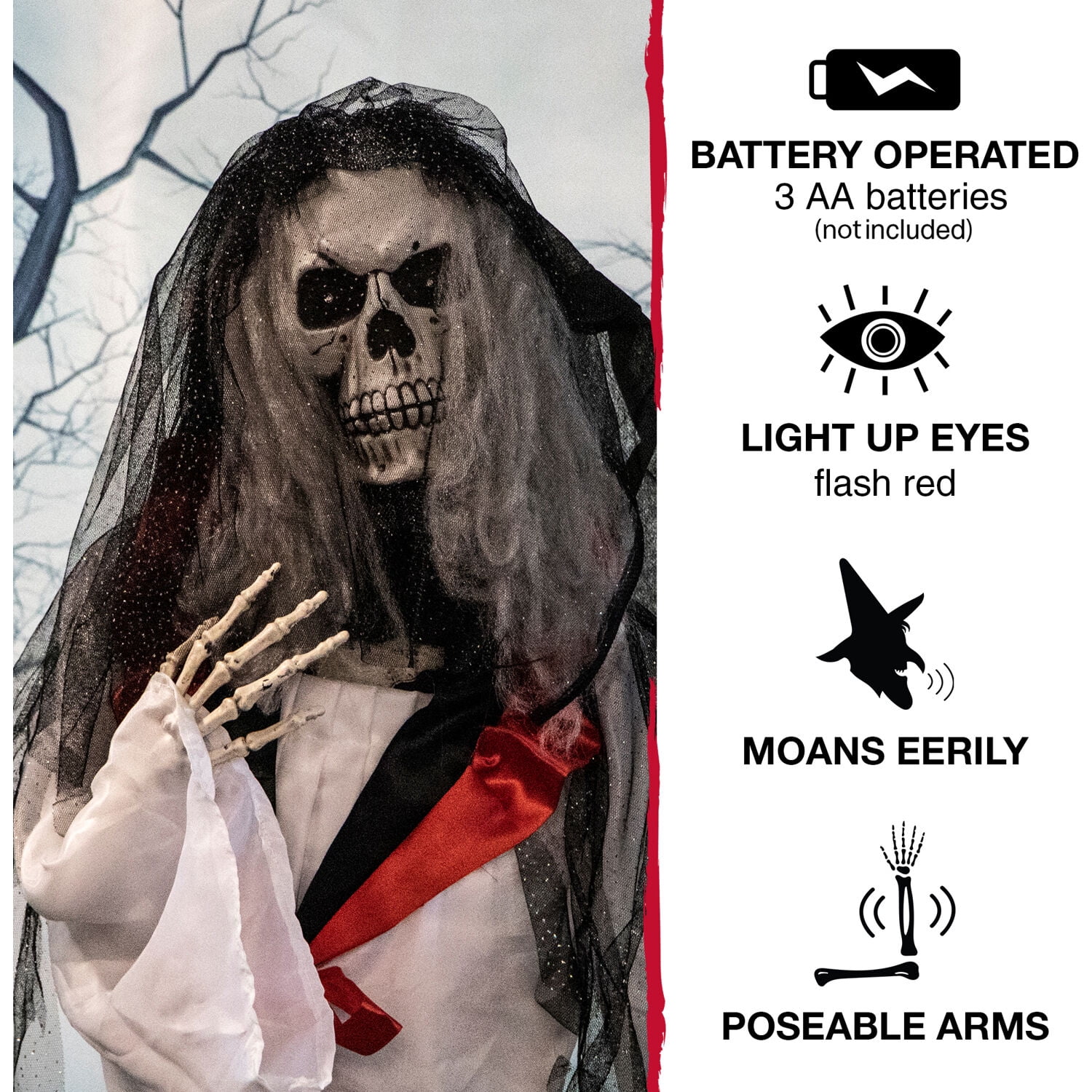 Haunted Hill Farm 65" H 3.5lbs Life-Size Animatronic Skeleton Bride, Halloween Decor, HHBRIDE-1FLSA