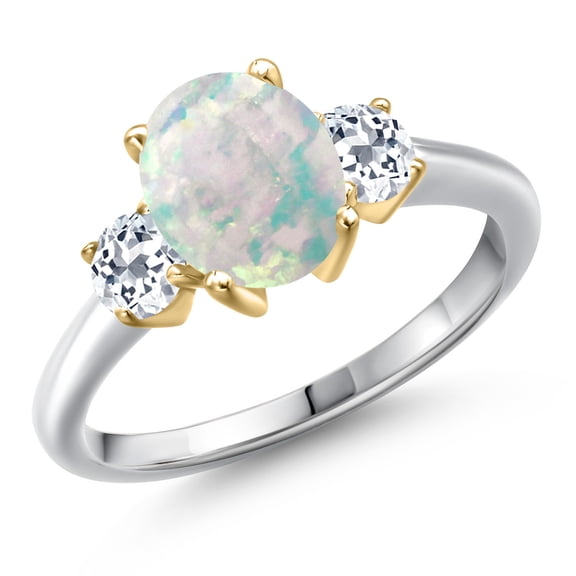 Gem Stone King 925 Silver and 10K Yellow Gold Simulated White Opal and White Topaz Engagement Ring for Women | 1.66 Cttw | Oval Cabochon 9X7MM | Gemstone October Birthstone | Size 5