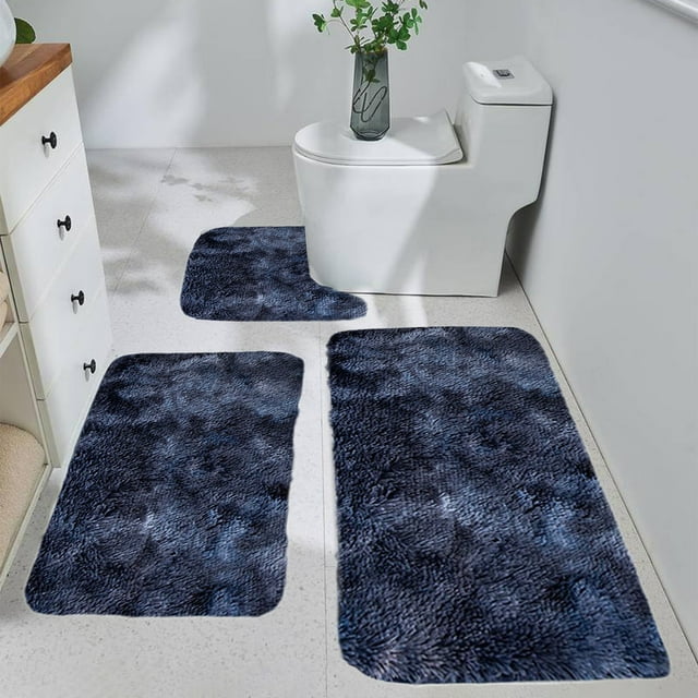 QIPOPIQ Thicken 3 Piece Bathroom Rug SetU-Shaped Contour Rug, Mat and Toilet Lid Cover,Water Absorbent Soft Microfiber Shaggy Bathroom Mat,for Tub, Shower, Bath Room,Machine Washable