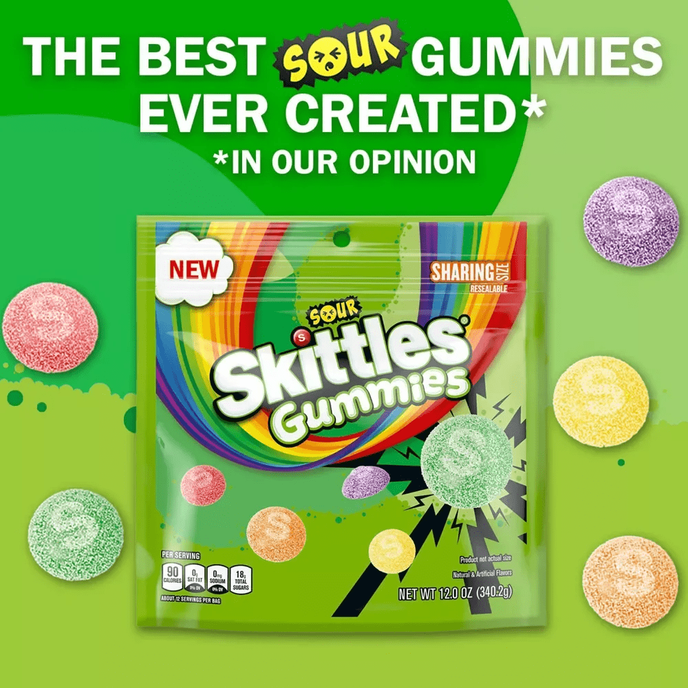 Skittles Sour Gummies, Assorted Fruit Flavors Candy, Resealable 12-Ounce Sharing Size (Pack of 4)