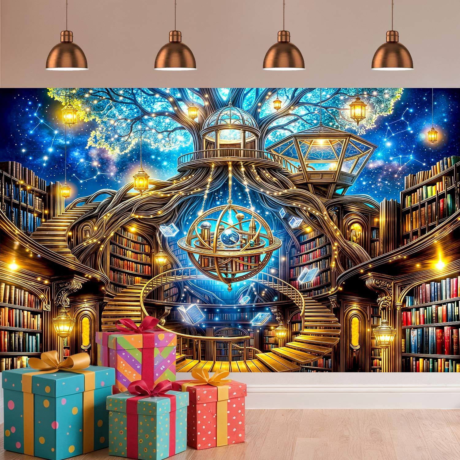 10x8ft Magic Library Photography Backdrop, Fantasy Tree Library with Armillary Sphere Starry Sky Background, Enchanted Bookstore Decor for Book Lovers Reading Birthday Party Photo Booth