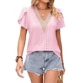 thumbnail image 3 of QAFOPEH Women V Neck Jacquard Petal Short Sleeve Solid Color Top, 3 of 5