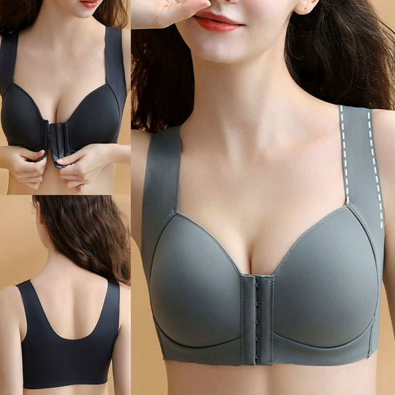 rygai Wide Shoulder Straps Women Bra U-Shaped Back Wire Free Front Closure  Full Cup Sexy Bra for Daily Wear,Grey,38D 