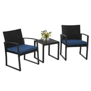 SUNCROWN Outdoor Patio 3 Piece Bistro Set Black Wicker Chairs and Glass Top Coffee Table, Nautical Navy Cushion