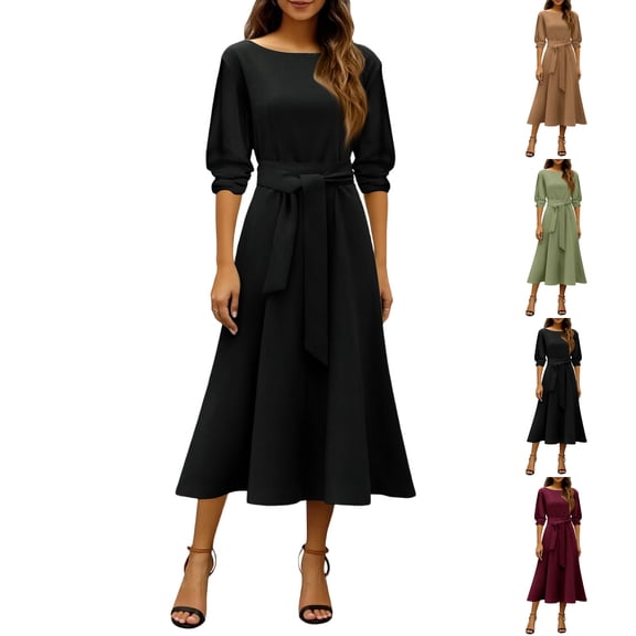 Women's Dress Three Quarter Sleeve Elegant with Belt and Pocket Chic Midi Dress for Spring Fall Party Office,Black,L