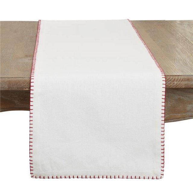 Saro Lifestyle 793.WR1372B Chemin de Table en Coton 13 x 72 Po. Collection Celena Design Cousu, Blanc & Rouge