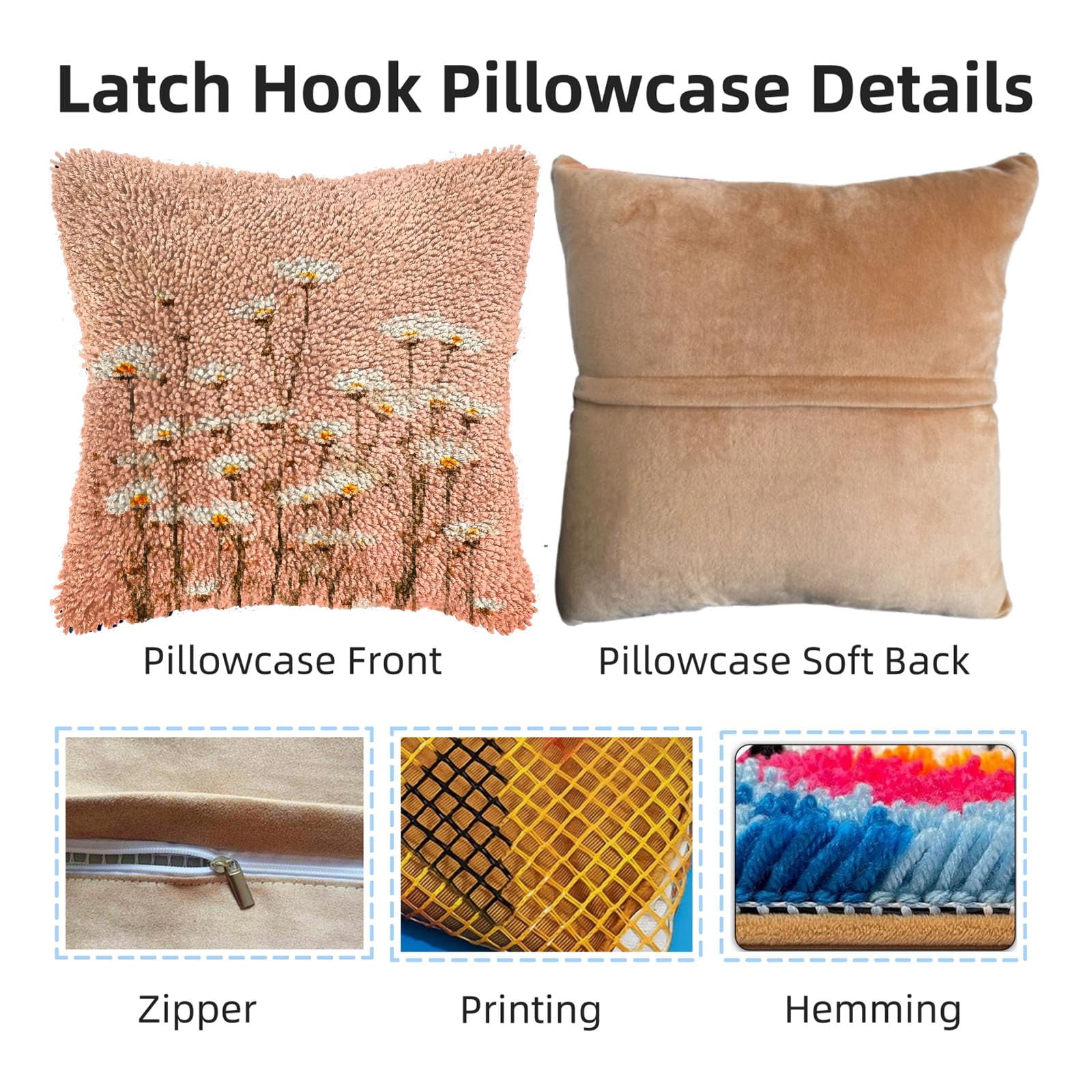 DIY Latch Hook Pillow Kits for Adults Little Wild Daisy Flowers Printed Pillowcase Crochet Yarns Hooking Handmade Pillow Cover Cushion for Home Sofa Decoration 17x17inch-3