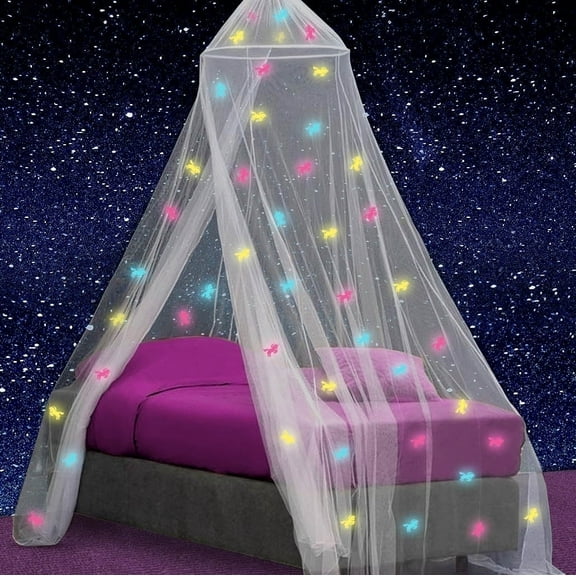 Girls Bed Canopy with Pre-Glued Glow-in-the-Dark Unicorns & Galaxy Lights – Kids Princess Mosquito Net Bedroom Decor – 1 Opening and Hanging Kit Included