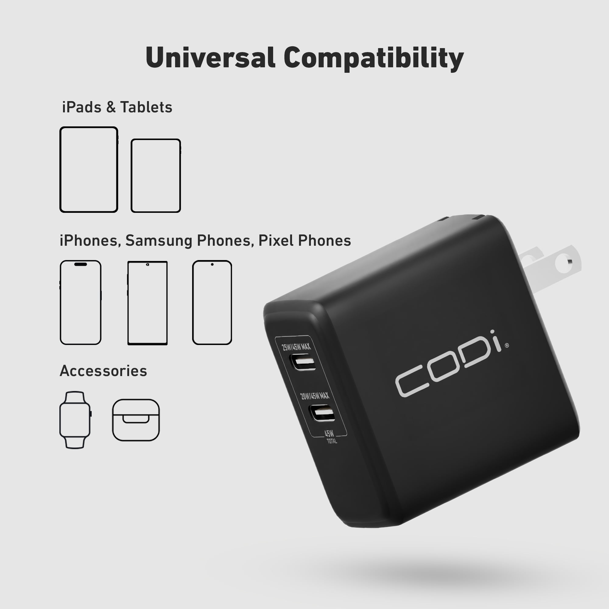 CODi 45W USB-C Wall Charger – Dual Port Fast Charger with PPS, Overload & Overheat Protection – Compact Travel Adapter for Phones, Tablets, Laptops & USB-C Devices