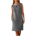 thumbnail image 3 of VBTAPA Cotton Linen Mini Dresses for Women Wear to Work Casual Summer Button Up Crewneck Sleeveless Tunic Dress Dark Gray M, 3 of 5