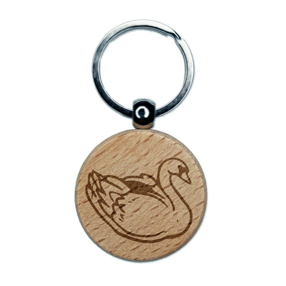 Elegant Swan Bird Round Keychain Charm Tag - Engraved Wood