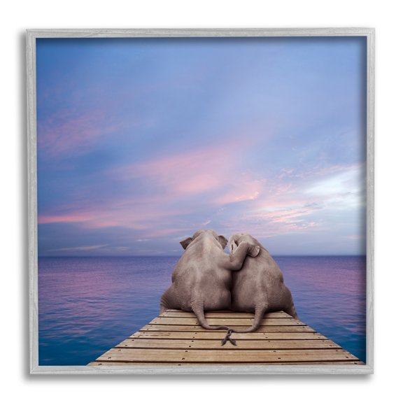Stupell Industries Elephants Cuddling on Dock Animals & Insects Painting Gray Framed Art Print Wall Art, 12 x 12