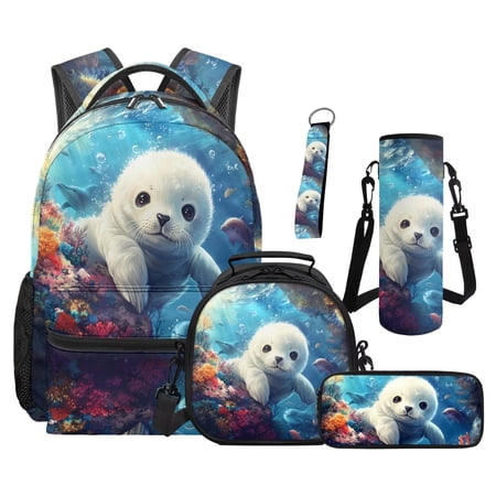 Uorisanigo 5 Pcs School Supplies Kit Kids Backpack Set Primary Middle Girls Adjustable Strap School Bag with Lunch Bag Pencil Case Water Bottle Sleeve Keychain Cute Seal Bookbag for Camp Picnic