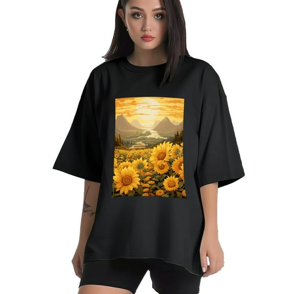 Plus Size Shirt for Women Black Tops for Women Short Sleeves Shirt for Women Sunflower T Shirt Crewneck Shirt for Women XS