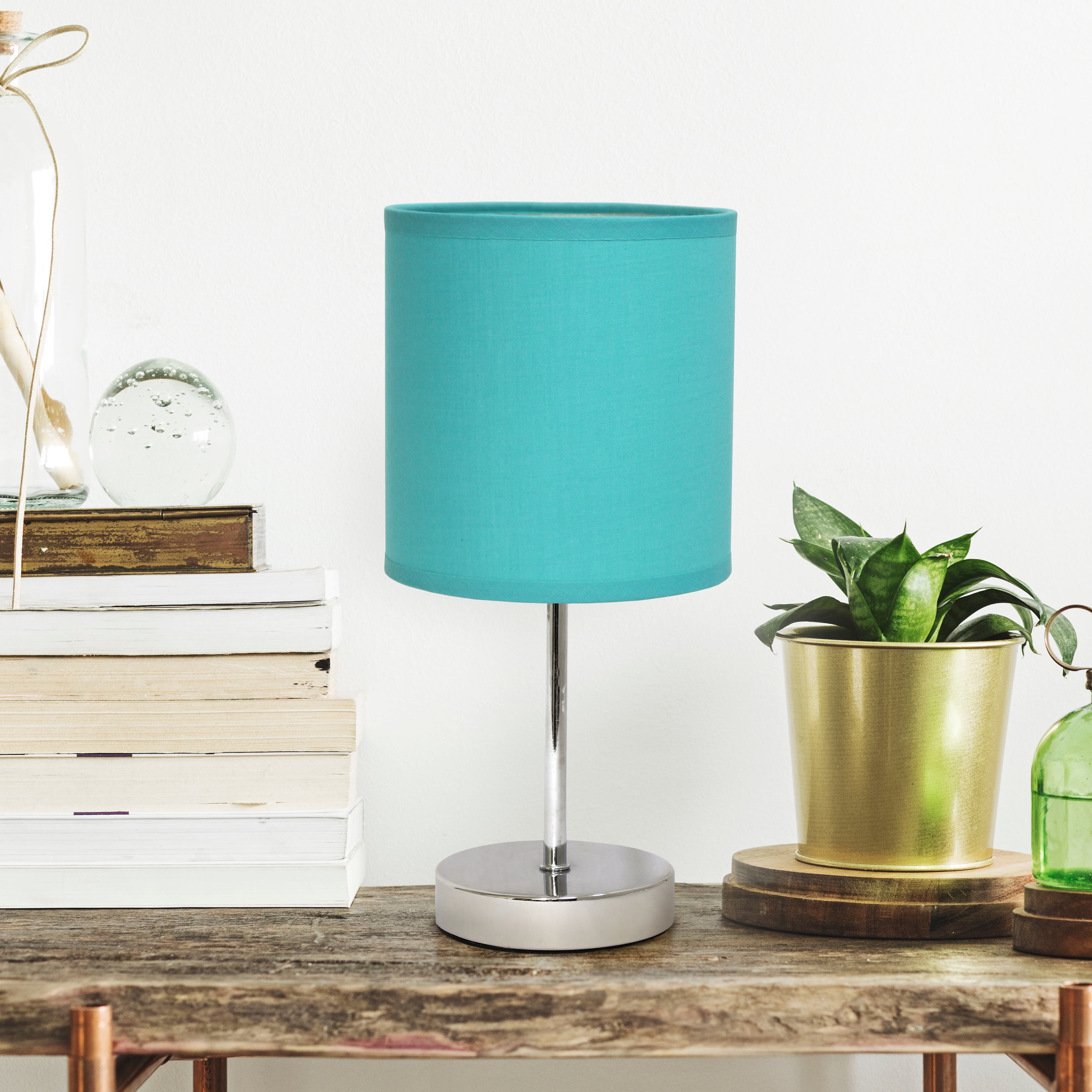 Creekwood Home 11.81" Chrome Petite Metal Stick Table Lamp with LED Bulb, Blue Shade