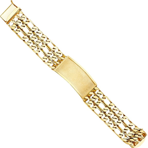 Wellingsale 14k Yellow Gold Solid Solid Polished Mens 3 Line Figaro Link ID Bracelet - 9"