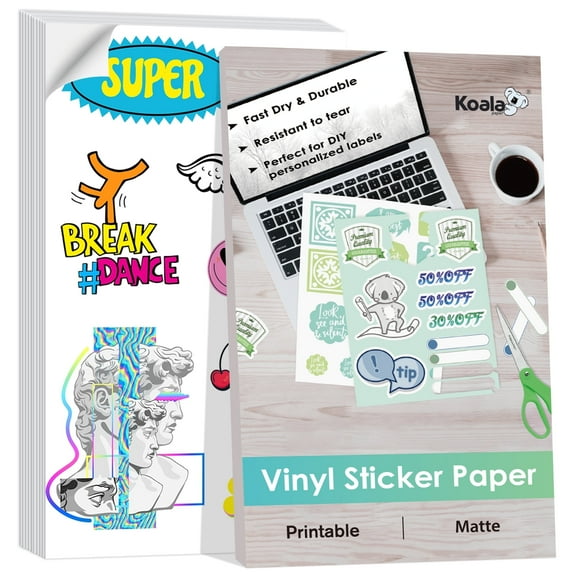Koala Printable Vinyl Sticker Paper for Inkjet, 100 Sheets, Waterproof Sticker Paper 8.5x11 Matte White, Cutable