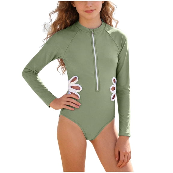 Nwiuh Girls Long Sleeve Side Cutout One Piece Rash Guard Swimsuit UPF 50 Plus Bathing Suit Girls Swimwear (Army Green, 13-14 Years)