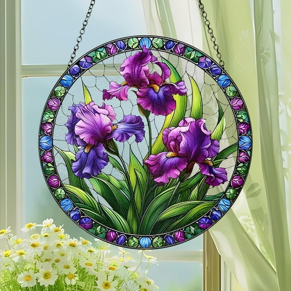 Purple Iris Stained Glass Window Hanging, Elegant Flower Suncatcher for Home Decor