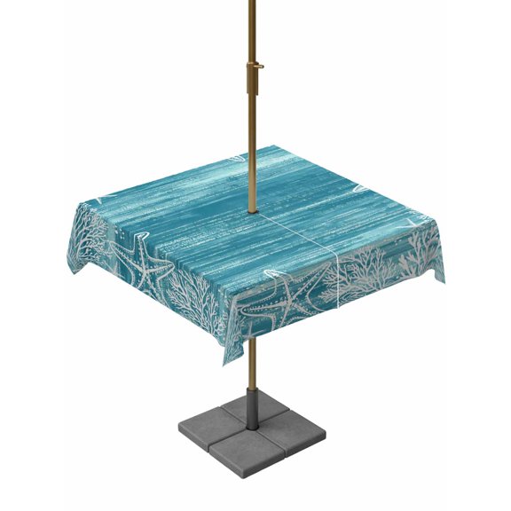 Outdoor Tablecloth with Umbrella Hole for Patio/Picnic/Party/Camping, Teal Coastal Waterproof Table Cloth Square Cover Washable, Summer Ocean Sea Ombre Starfish Corals (54"x 54")