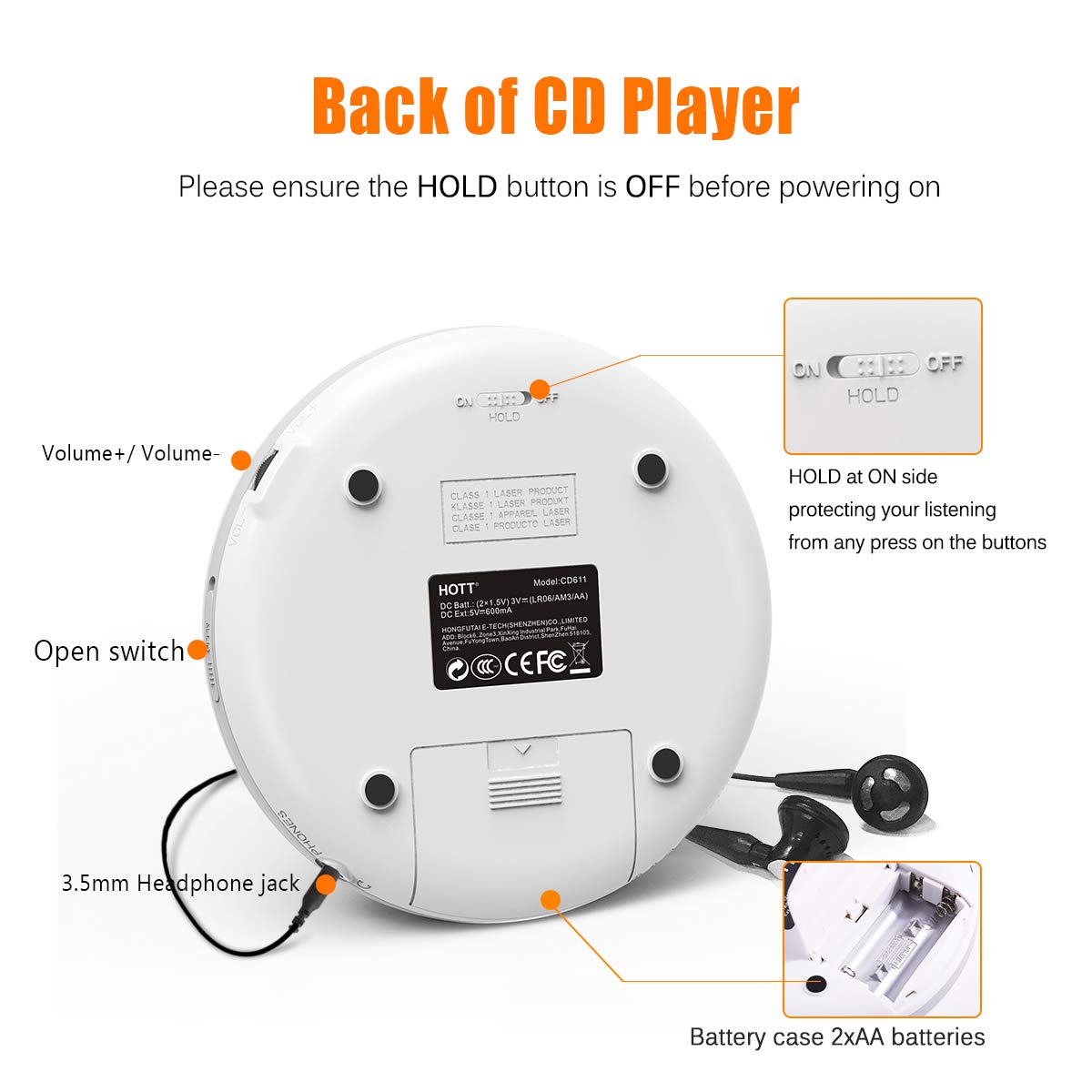 HOTT Portable CD Player CD611 Small Walkman CD Player with Stereo Headphones USB Cable LED Display Anti-Skip Anti-Shock Personal Compact Disc Music Player White - image 3 of 7