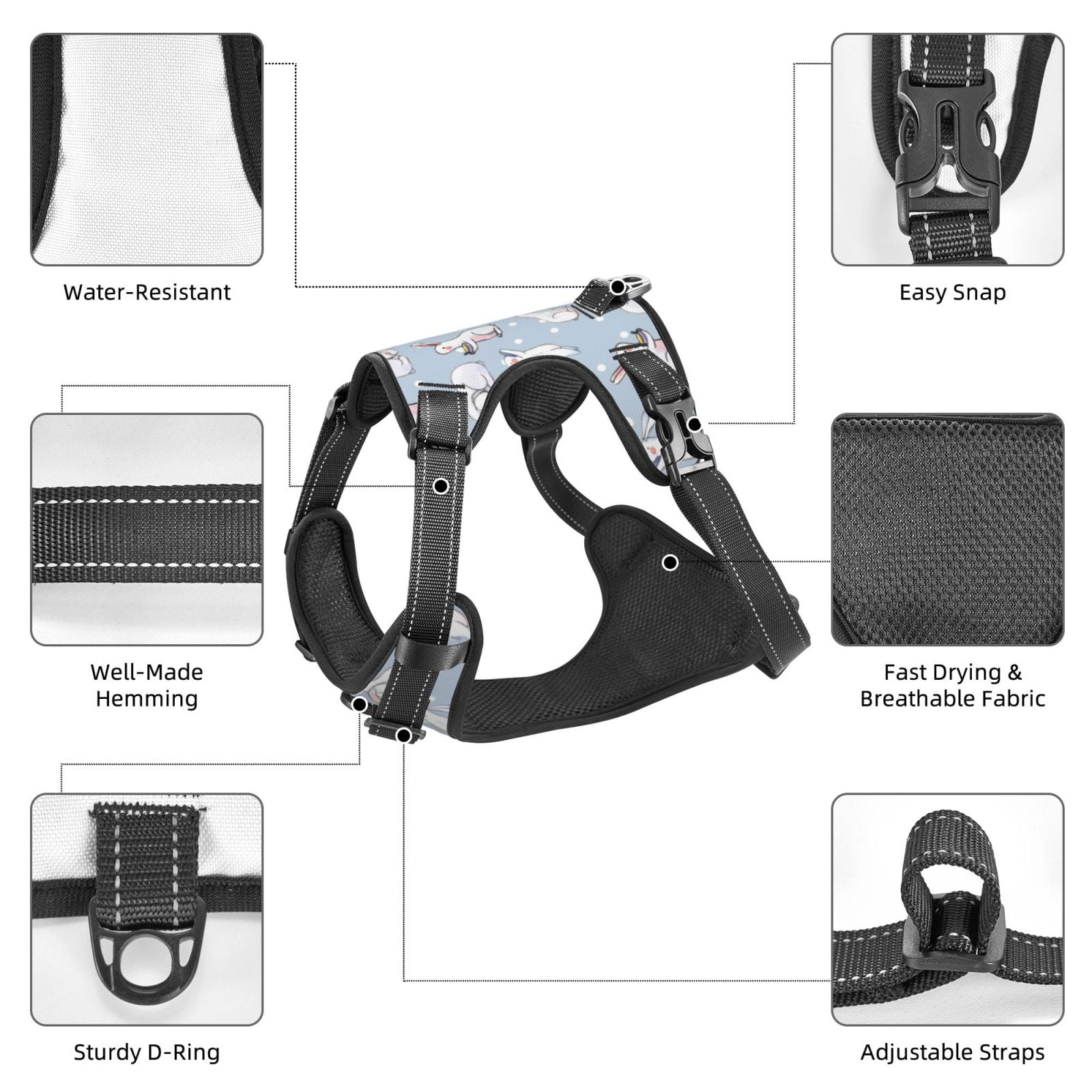 Vsdgher Rabbit Is Eating Carrots Pattern Dog Harness,No Pull Pet Harness with Soft Padded Handle,Adjustable Reflective Vest with 2 Buckles,4 Slide Buckles,S-XL