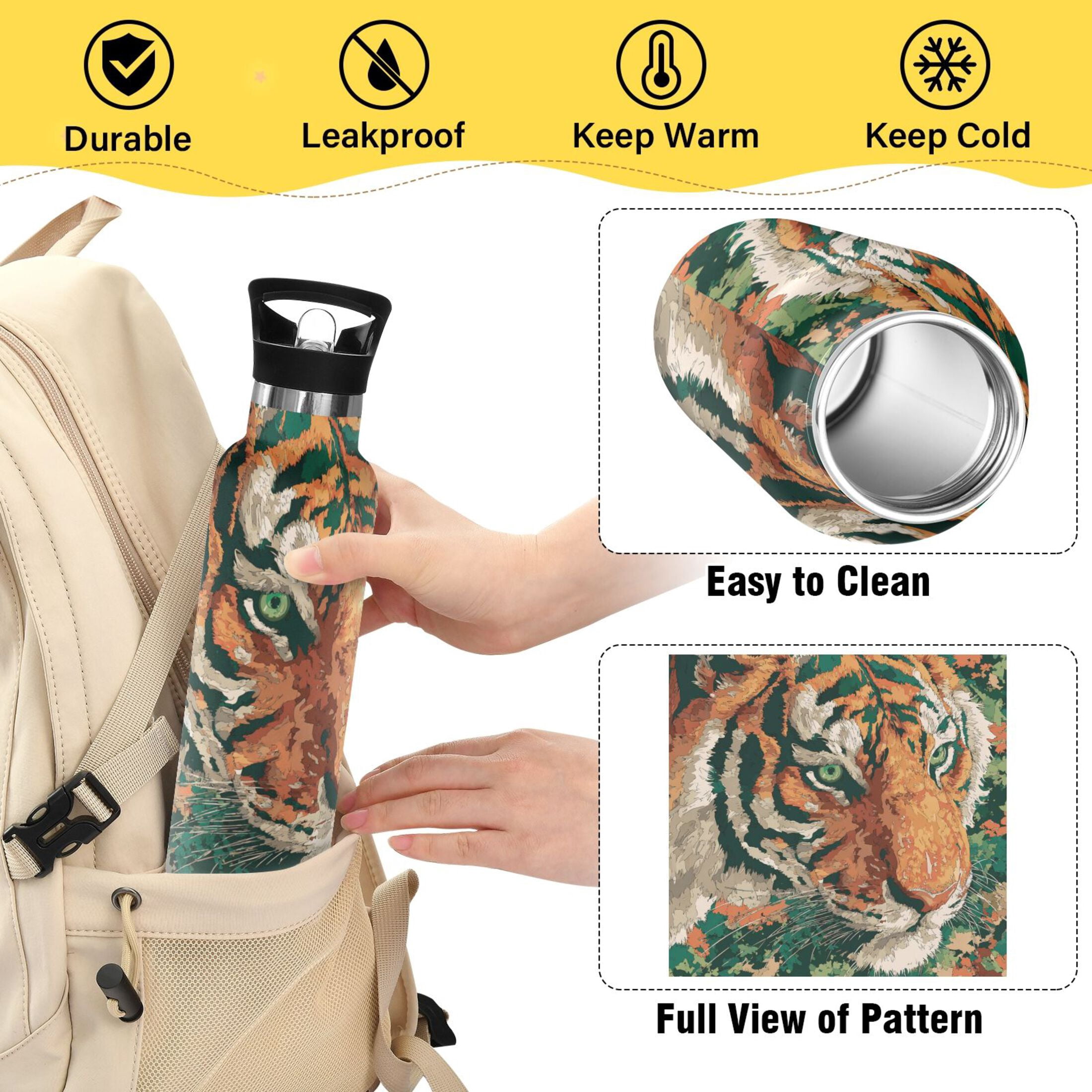 600ML Stainless Steel Insulated Cup Sports Water Bottle Portable Thermos Cup Water Glasses Insulated Tumblers Convenient and Durable Cartoon Orange Tiger