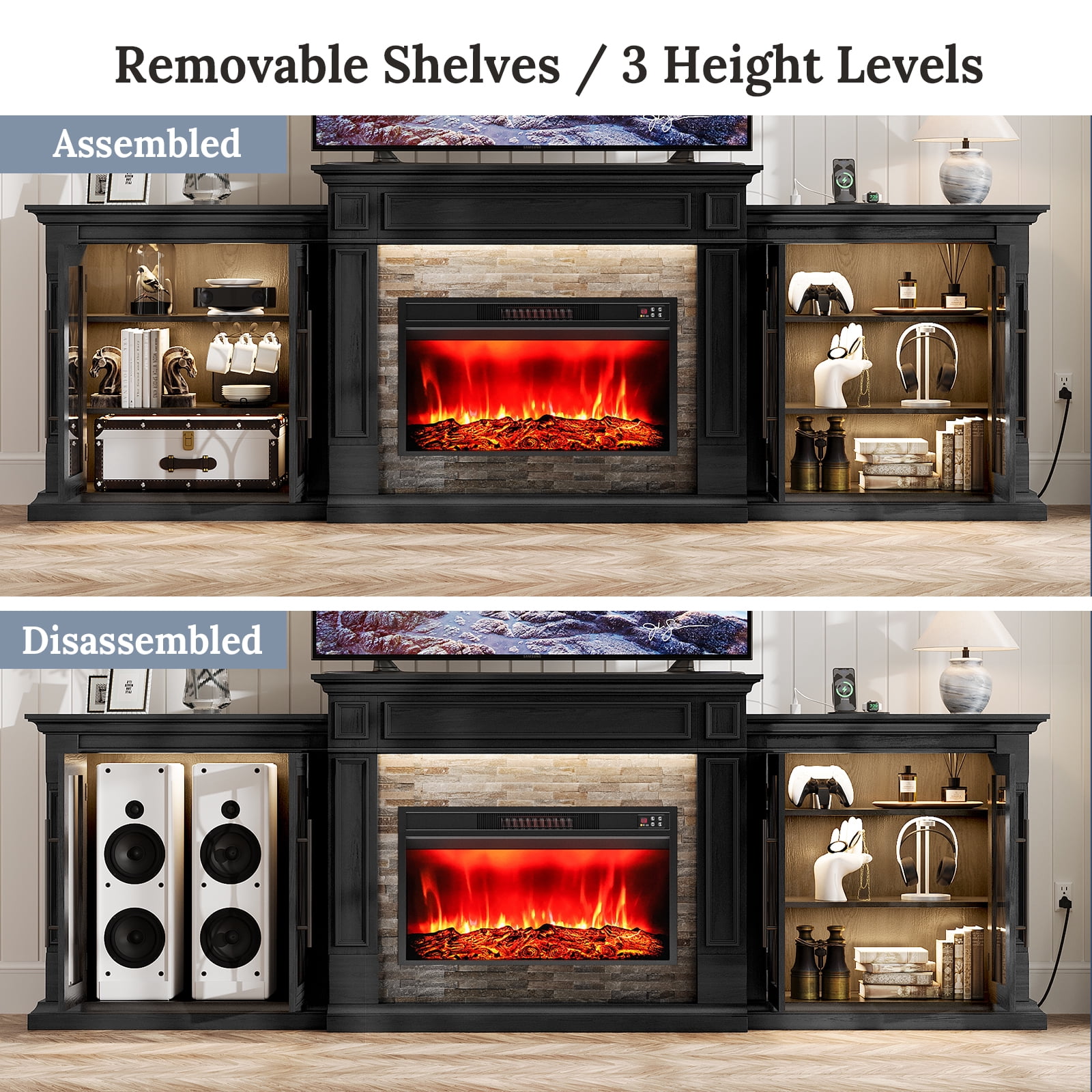 Holliwill 104" Fireplace TV Stand with 30" Electric Heater & LED Lights & Power Outlets, Modern Farmhouse Entertainment Center with Storage Cabinet for Living Room, Large Fireplace with Mantel, Black