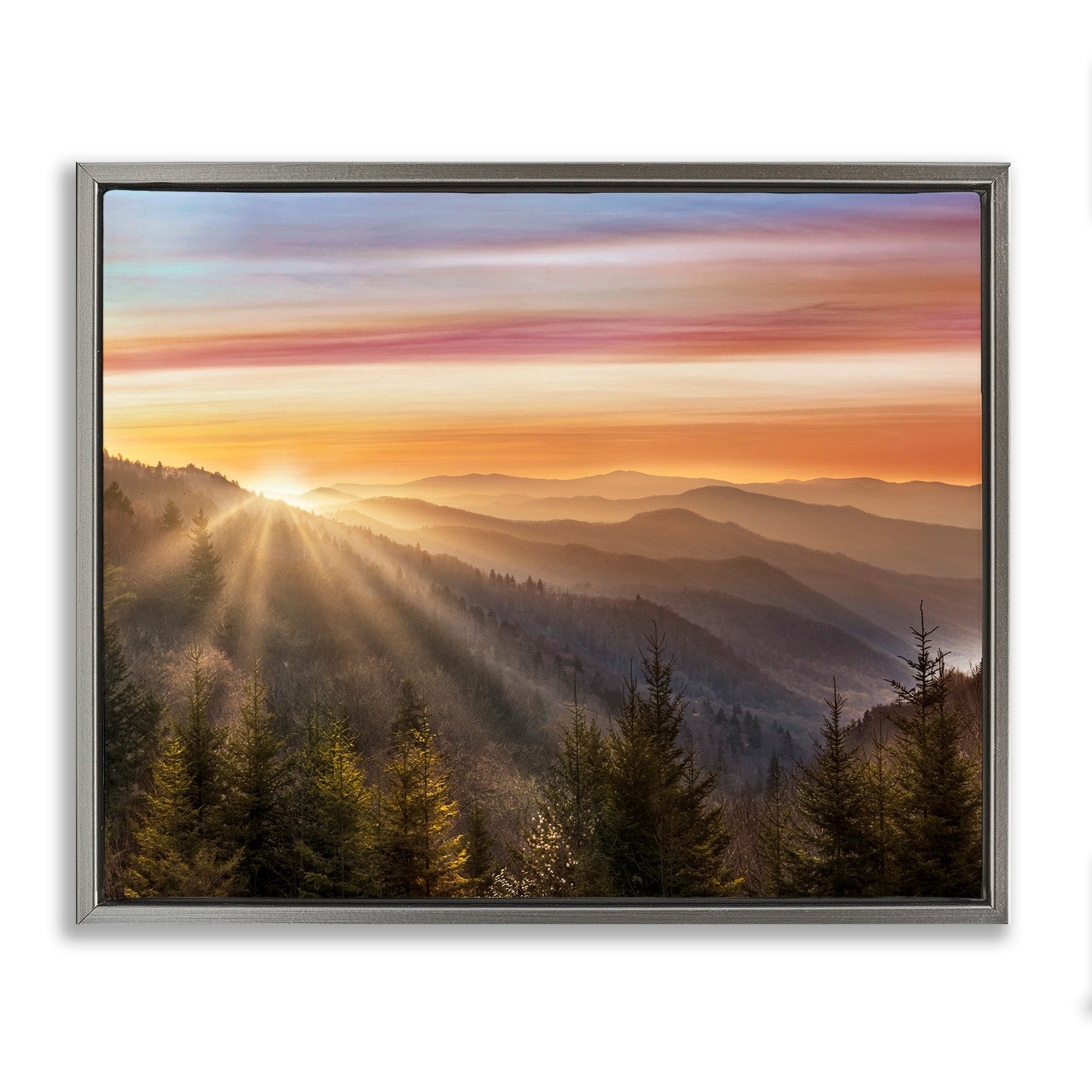 Stupell Industries Sunrise Through Mountain Forest Skyline Warm Sky Luster Gray Framed Floating Canvas Wall Art, 24x30, by Danita Delimont