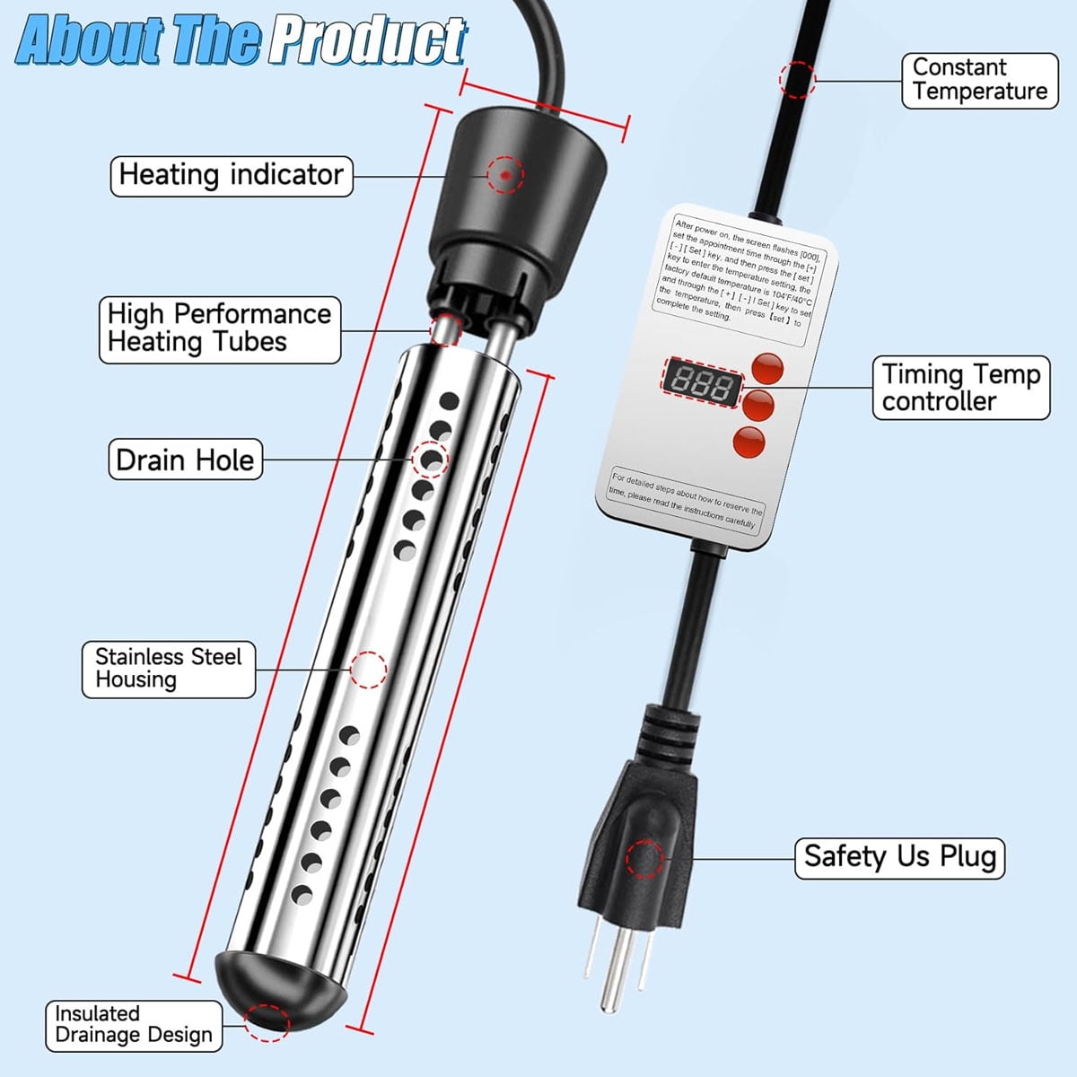 2000W Electric Immersion Water Heater with Timer & LCD Thermometer - Stainless Steel Guard for Bucket, Bathtub, Pool, Camping - 110V Portable Instant Heating Rod，Black