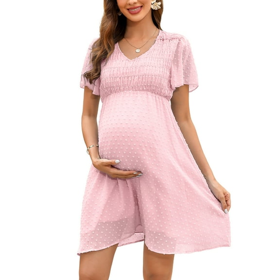 KOJOOIN Women's Maternity Dress 2024 Short Sleeve Summer Dress V Neck for Baby Shower Photography Midi Dress