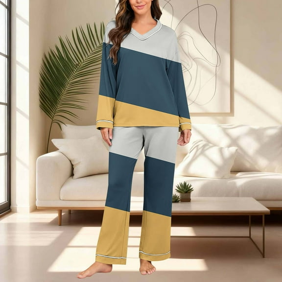 BRGZLK Women Loungewear Fashion Casual Loose Patchwork V Neck Long Sleeve Long Pants Cozy Homewear Set Top Pants Set White M