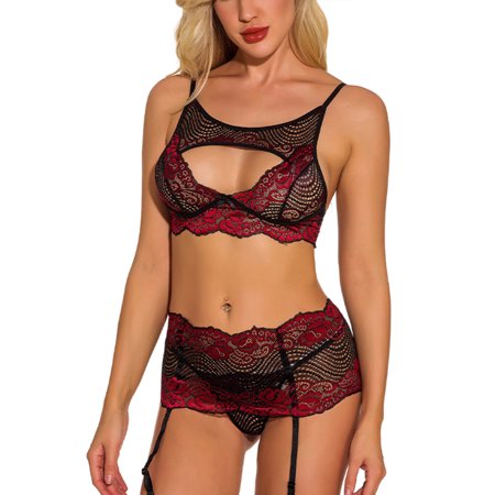 

Pfysire Ladies Sexy Erotic Lingerie Push Up Bra Hollow Lace Garter Bel Wine Red S