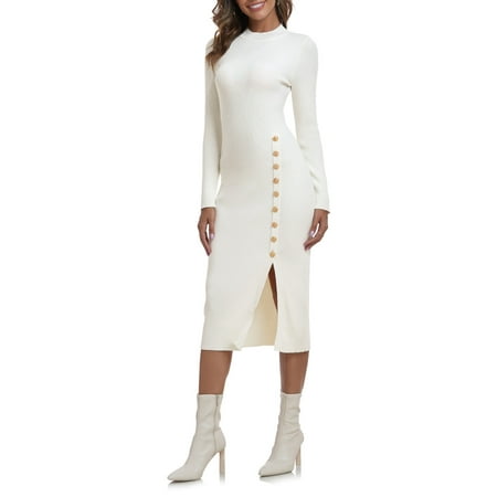 PrettyGuide Women s Mock Neck Sweater Dress Long Sleeve Fall Winter Ribbed Knit Bodycon Slit Midi Dress with Button