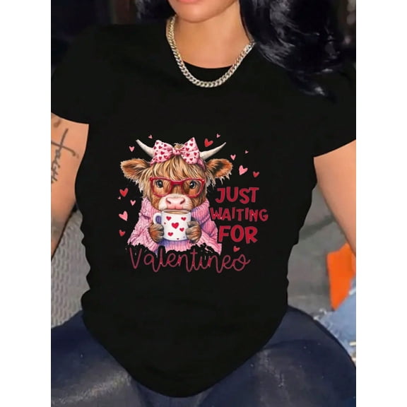 Fuzzy Cow with Glasses Valentine's Day Graphic Women Short Sleeve Casual T-Shirt