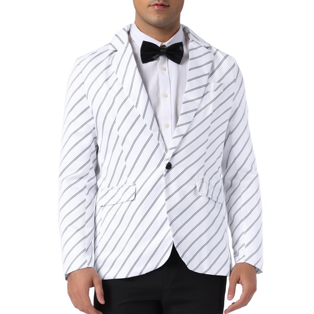 BLAZER RAYADO INSPIRE CHIC para hombres, chaqueta de traje con patrón de rayas, abrigo deportivo de solapa muesca, 2XL, blanco