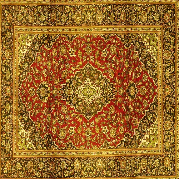 Ahgly Company Machine Washable Indoor Square Medallion Yellow Traditional Area Rugs, 3' Square