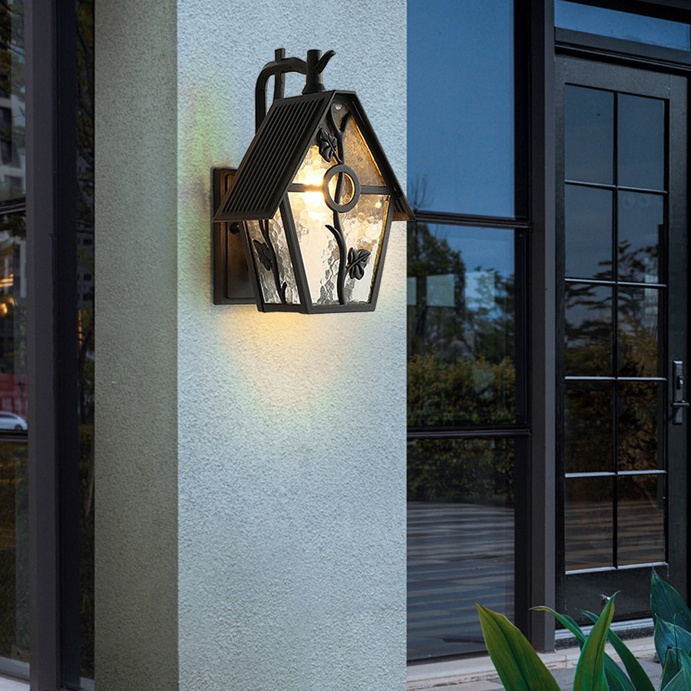 Loyalheartdy Outdoor Wall Sconces Light Retro European Style Metal Wall Light w/Frosted Glass Lampshade for Gardens Courtyard