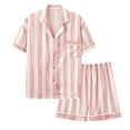 thumbnail image 2 of UPPADA 2 Piece Pj Set for Women Stripe Button Down Shirt and Shorts Matching Sets Casual V Neck Loungewear Outfit with Chest Pocket Pink,L, 2 of 3