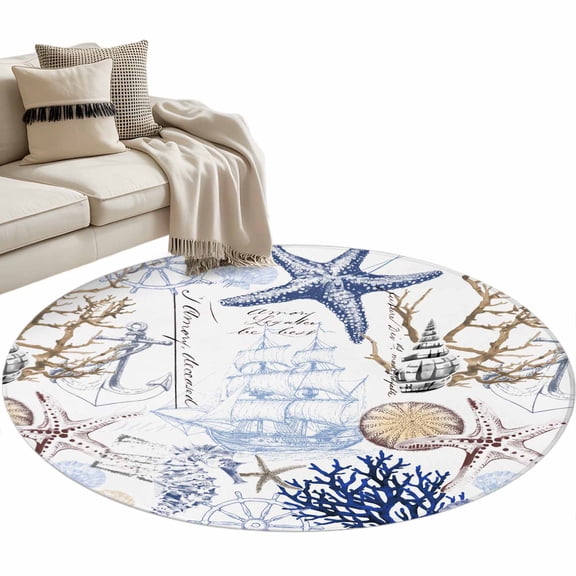 Blue Brown Coastal Round Area Rug 4 FT, Non Slip Indoor Outdoor Rug, Summer Beach Nautical Coral Starfish Washable Soft Circular Carpet Non-Shedding Floor Mat for Coffee Table Nursery Foyer Balcony