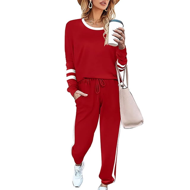 Innerwin Jogger Set Long Sleeve Ladies Sweatsuits Jogging Pullover Loungewear Two Piece Outfit Red M