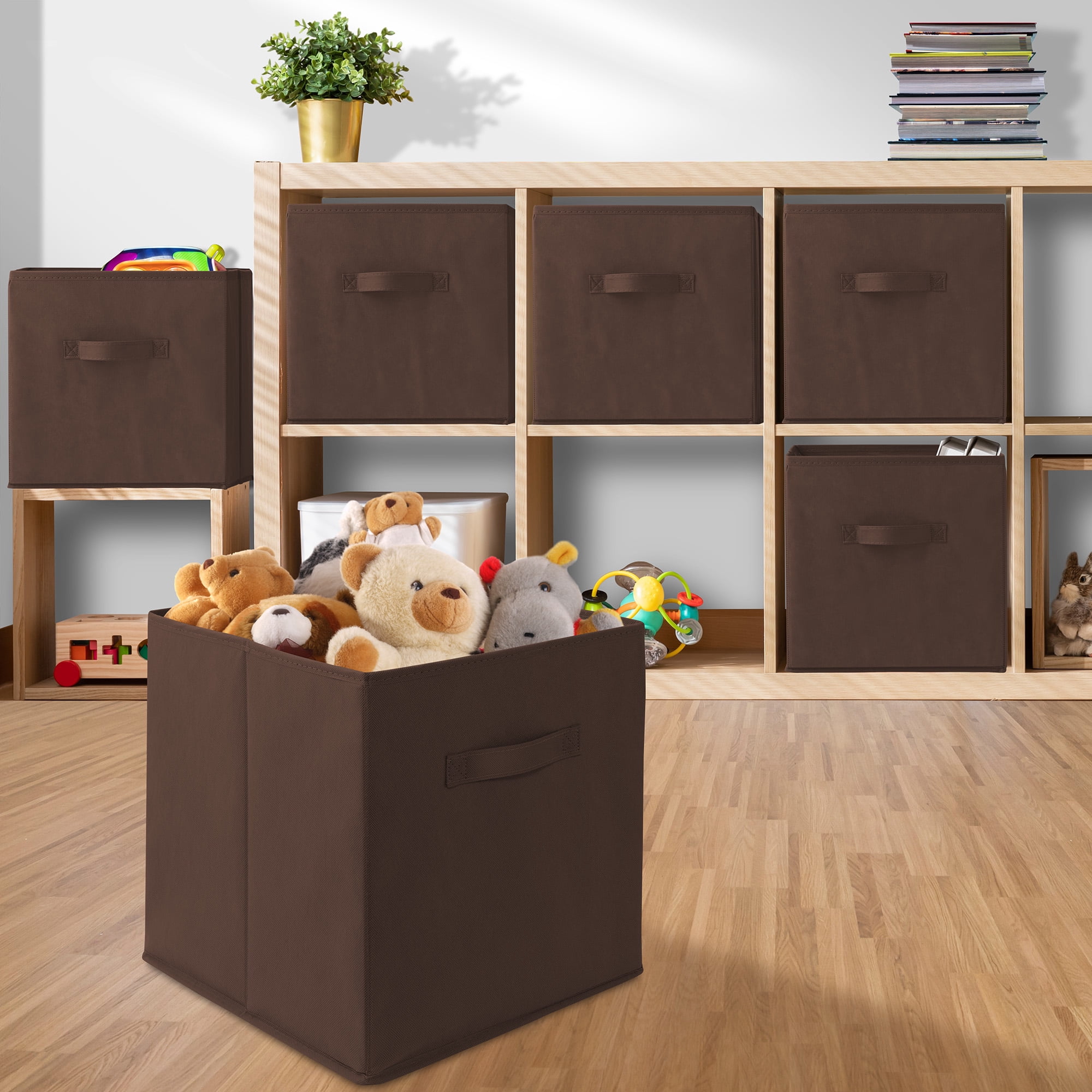 Casafield Set of 6 Fabric Storage Cube Bins, Brown - 13" Collapsible Foldable Cloth Baskets for Shelves and Cubby Organizers