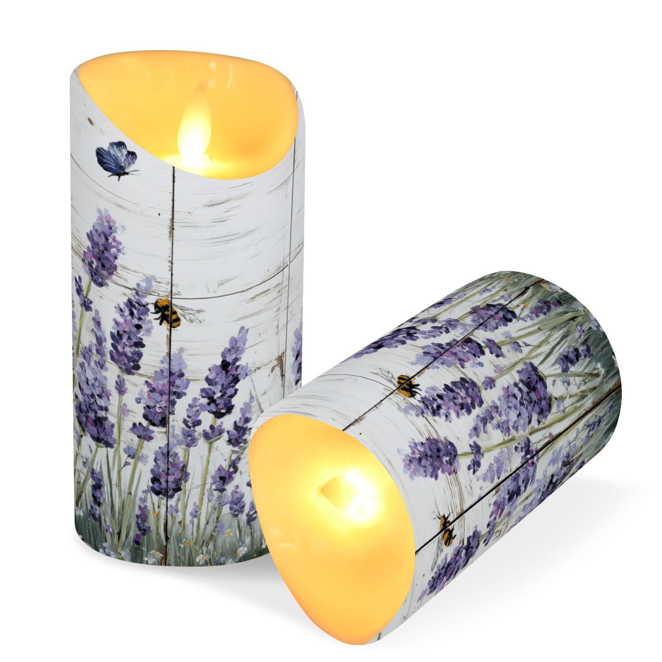 2 PCS Tilted Flameless Candles Flickering LED Lights Battery Operated Candles with Remote Timers for Holiday Decor Lavender and Bees